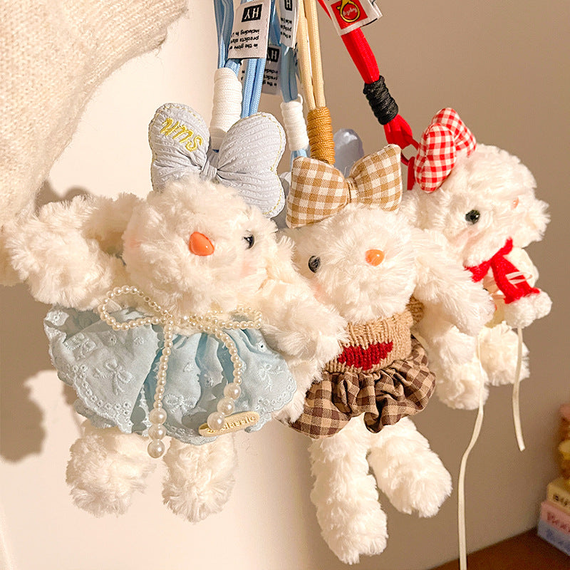 Blue and Pink Cute Floppy Eared Bunny Plush Doll with Pearl Necklace and Ribbon Dress - Adorable Keychain or Bag Charm for Girls(F-4976)