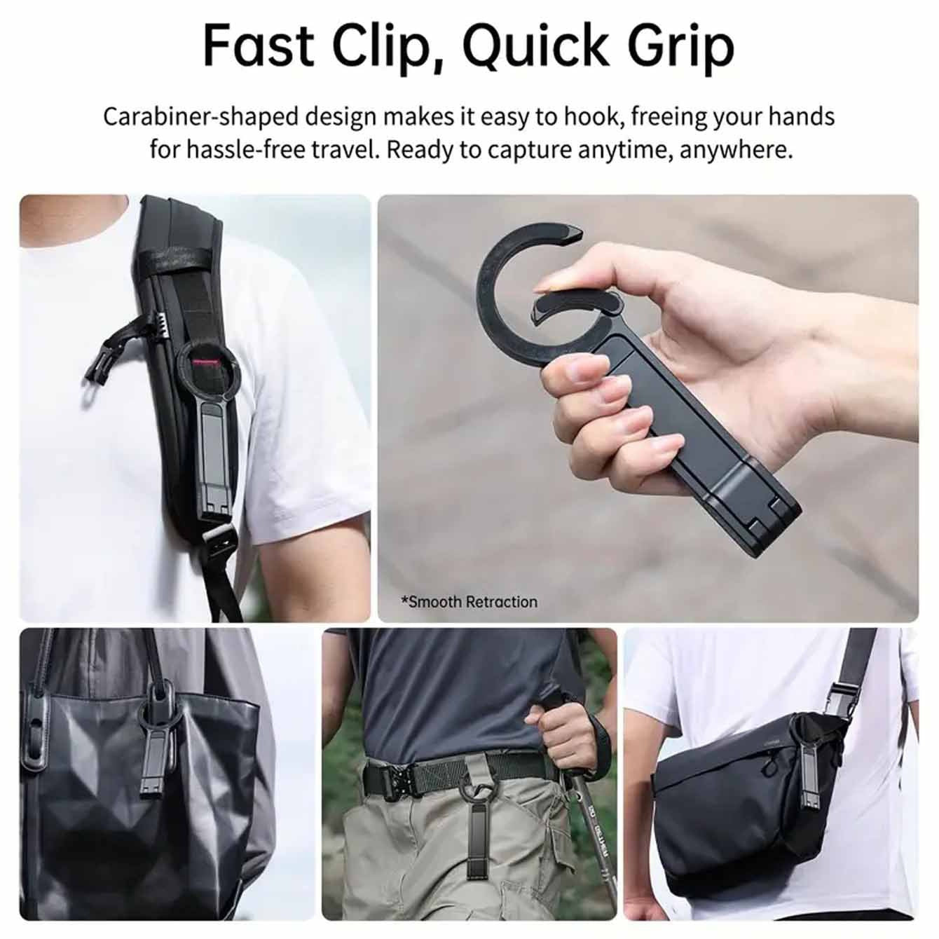 Silver Magnetic Phone Stand with Foldable Tripod & Carabiner Hook – Multi-Functional, Portable Smartphone Holder for Outdoor Use