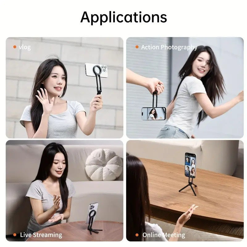 Silver Magnetic Phone Stand with Foldable Tripod & Carabiner Hook – Multi-Functional, Portable Smartphone Holder for Outdoor Use