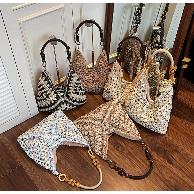 Beige Stylish Hand-Woven Paper Rope Bag – Boho Crochet Tote for Summer & Travel