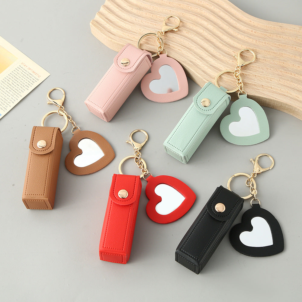 Brown Portable Lipstick Case with Heart Mirror & Keychain – Cute PU Leather Holder (3-Pack)