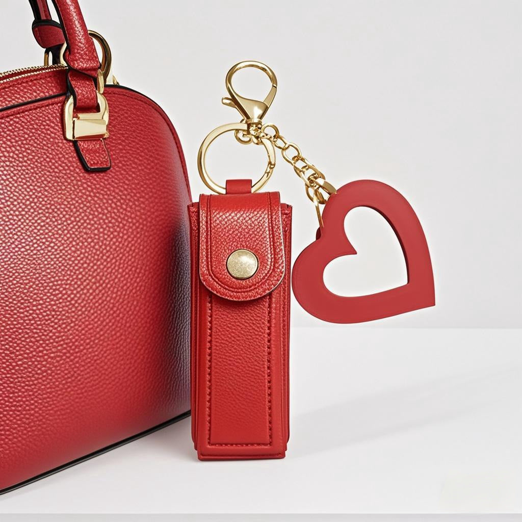 Brown Portable Lipstick Case with Heart Mirror & Keychain – Cute PU Leather Holder (3-Pack)