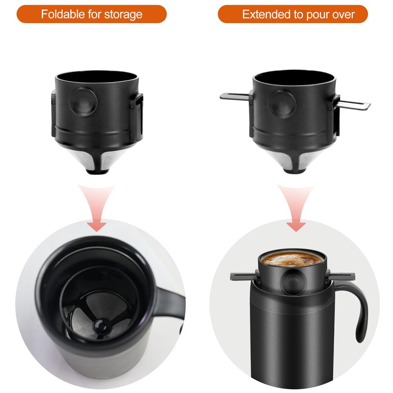 White Portable Pour Over Coffee Maker Set Stainless Steel Insulated Travel Mug with Collapsible Reusable Dripper Filter for Camping Office and Home