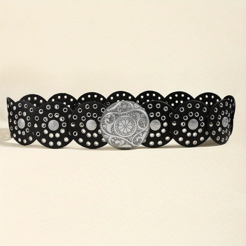 Women's Y2K Vintage Style Wide Waist Belt Black Faux Leather Disc Linked Grommet Studded with Engraved Western Buckle for Jeans and Festivals