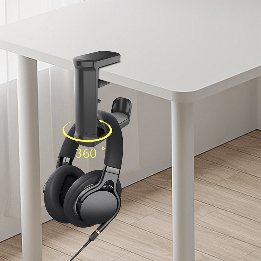 Black Under Desk Headphone Hanger Clamp 360 Degree Rotating - Adjustable Headset Holder Hook with Cable Organiser for Home Office & Gaming Setup (Fits 1-5.5cm Desks)
