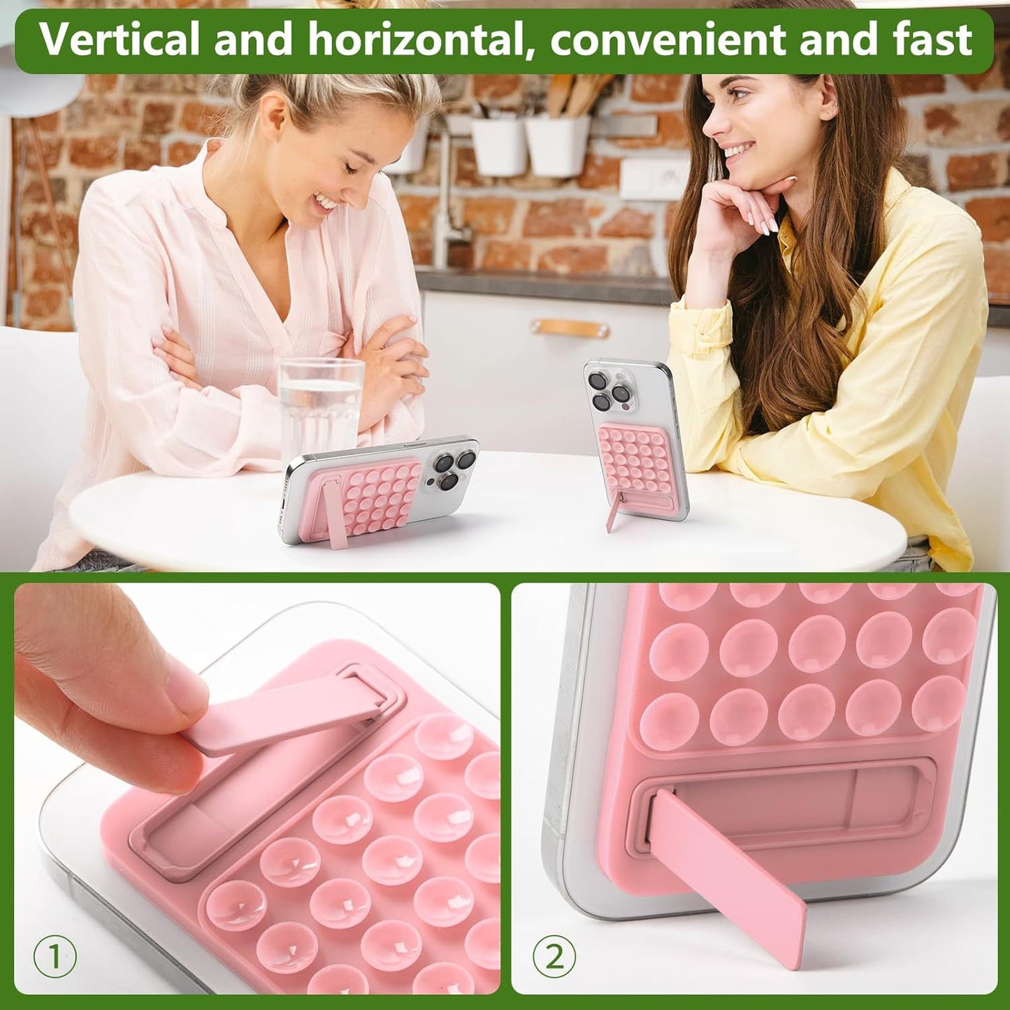 Pink 4 Pack Silicone Suction Phone Mount with Foldable Kickstand - Adhesive Sticky Grip Pad for Mirrors & Glass - 2-in-1 Hands-Free Holder for Content Creation