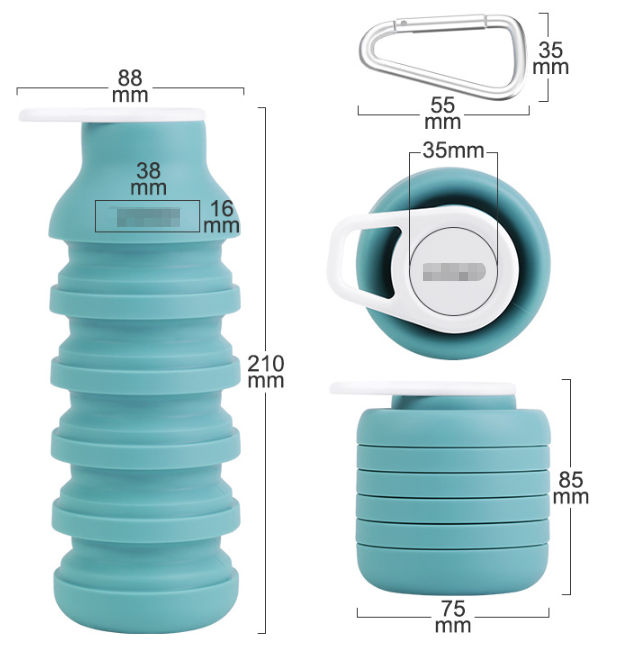 Light Blue Collapsible Silicone Water Bottle Portable Travel Sports Cup with Carabiner Clip Foldable Design for Camping Hiking & Gym Teal