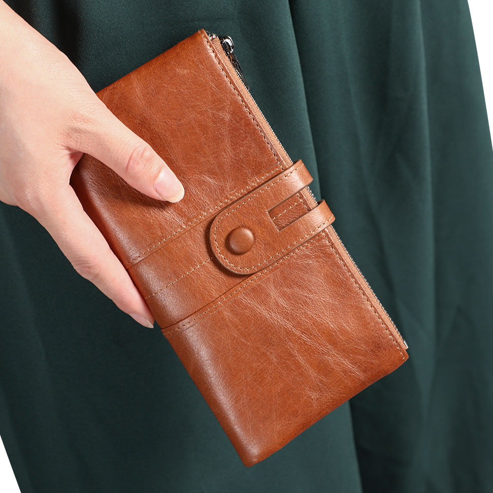 Brown Premium Leather Long Wallet Clutch Organizer 19x10x3cm - 15 Card Slots
