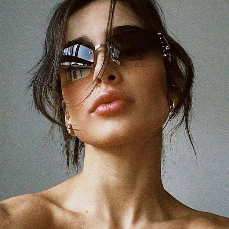Y2K Rimless Butterfly UV400 Sunglasses for Women(Grey Gradient) - Bling Rhinestone Square Frameless, Sweet & Cool Fashion