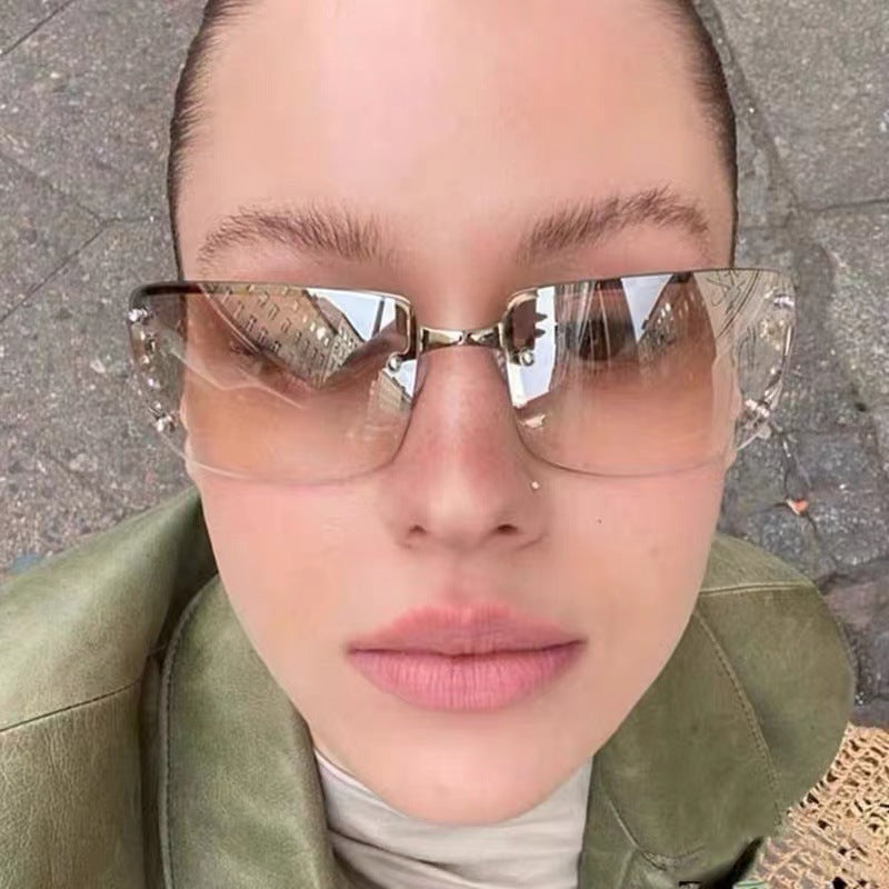 Y2K Rimless Butterfly UV400 Sunglasses for Women(Leopard/Brown) - Bling Rhinestone Square Frameless, Sweet & Cool Fashion