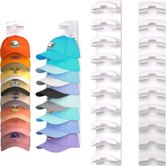 2-Pack 10-Tier White Wall-Mounted Hat Rack with Installation Accessories - Space-Saving Plastic Baseball Cap and Other Hat Organizers