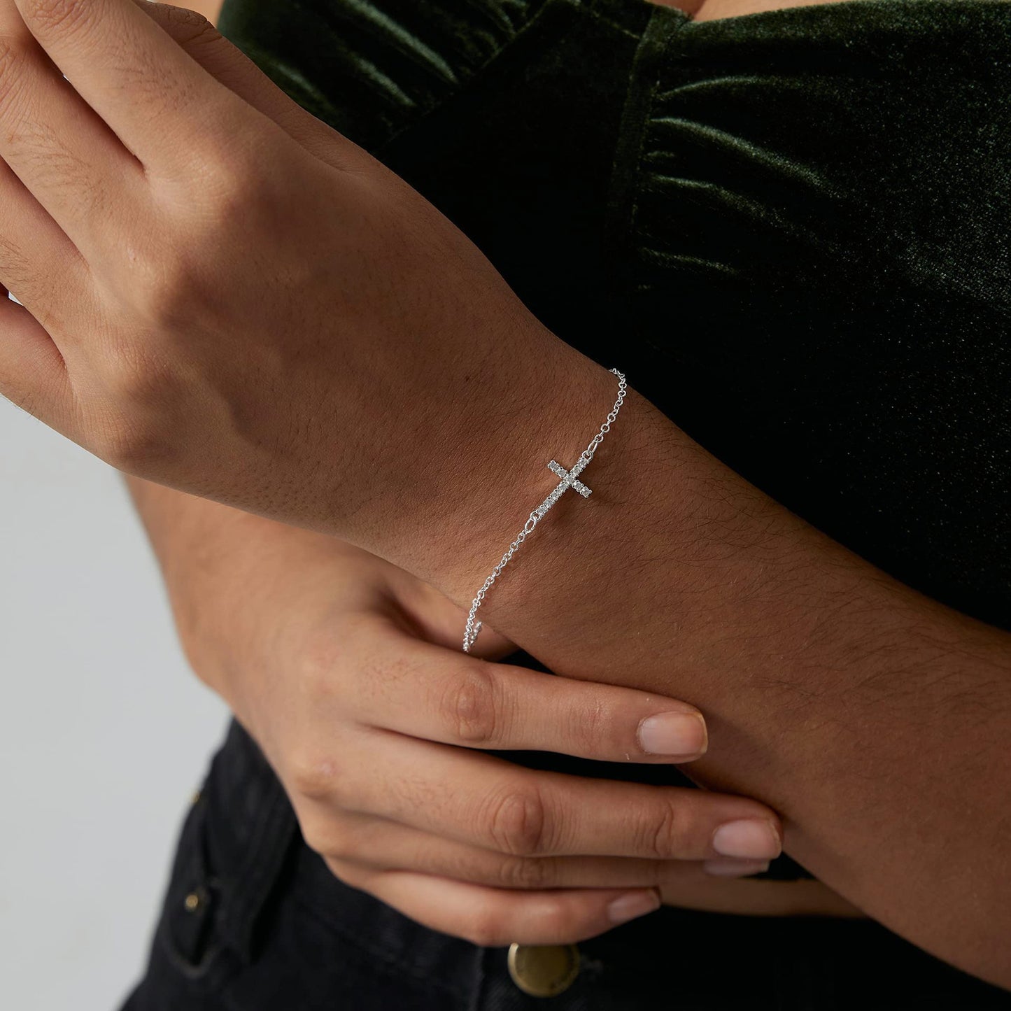 2-Pack Gold & Sliver Plated Micro-Paved CZ Mini Cross Bracelet - Dainty Adjustable O-Chain Wrist Jewelry(16-21CM)