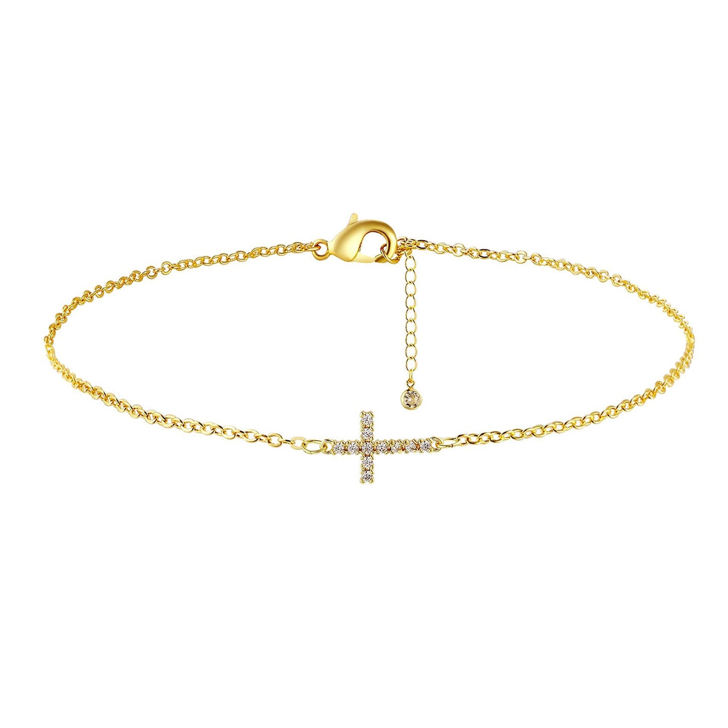 2-Pack Gold & Sliver Plated Micro-Paved CZ Mini Cross Bracelet - Dainty Adjustable O-Chain Wrist Jewelry(16-21CM)