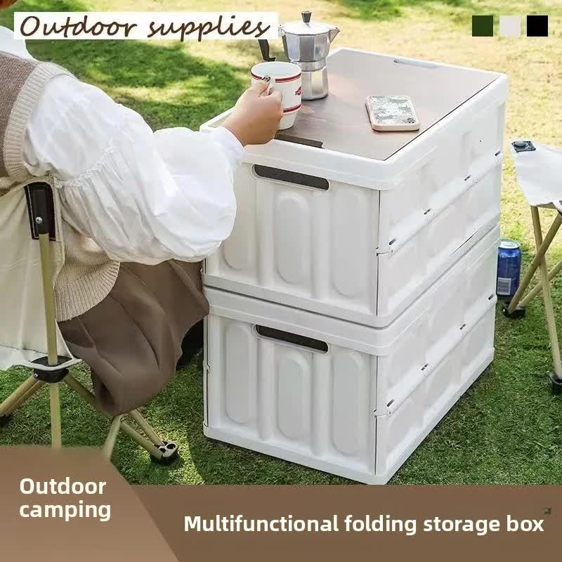 Black Collapsible Medium Standard Storage Box with Wooden Table Top(42x28x23CM) - Car Trunk Organiser for Australian Camping & Home Use