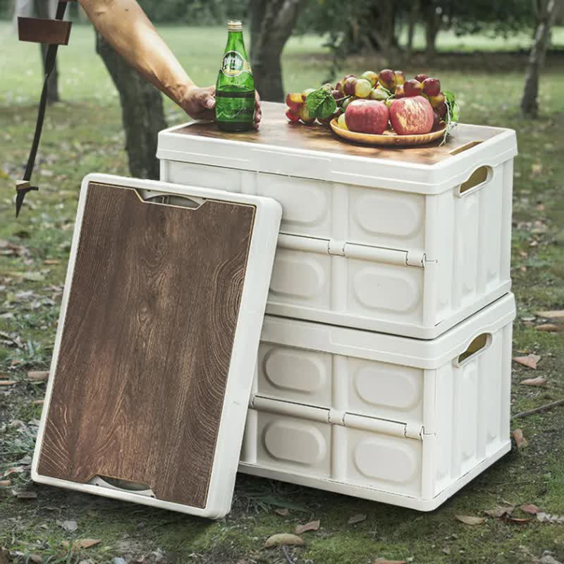 White Collapsible Medium Side-Open Handle Storage Box with Wooden Table Top(42x28x23CM) - Car Trunk Organiser for Australian Camping & Home Use
