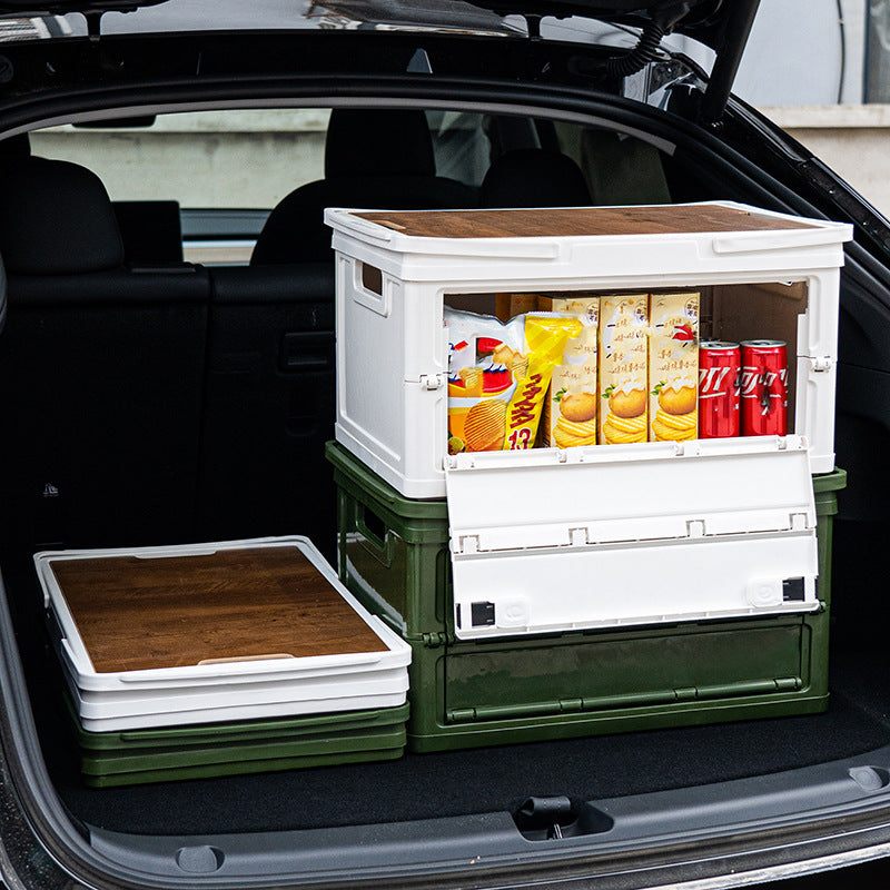 Green Collapsible Medium Side-Open Handle Storage Box with Wooden Table Top(42x28x23CM) - Car Trunk Organiser for Australian Camping & Home Use