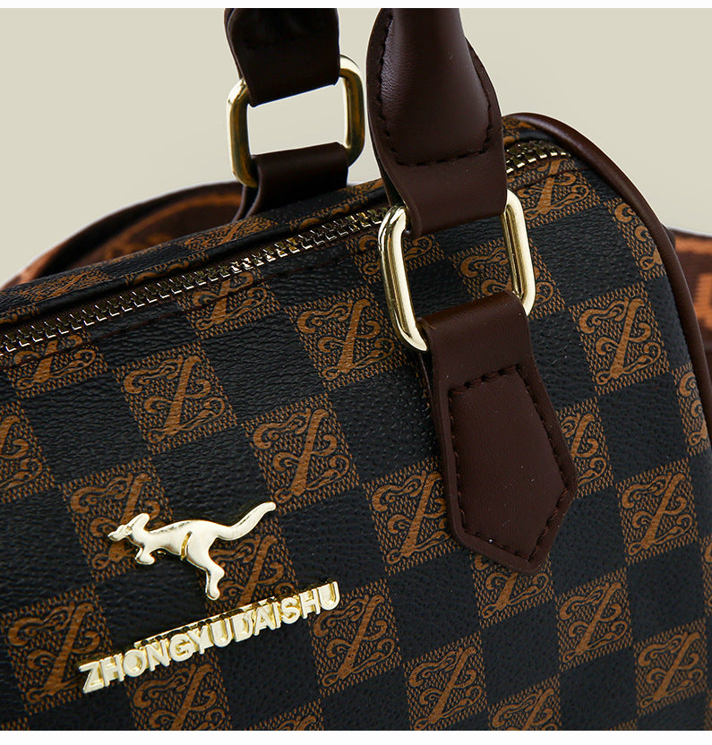 Brown leopard print Stylish PU Leather Boston Bag - Elegant Retro Single Shoulder Crossbody Handbag for Women
