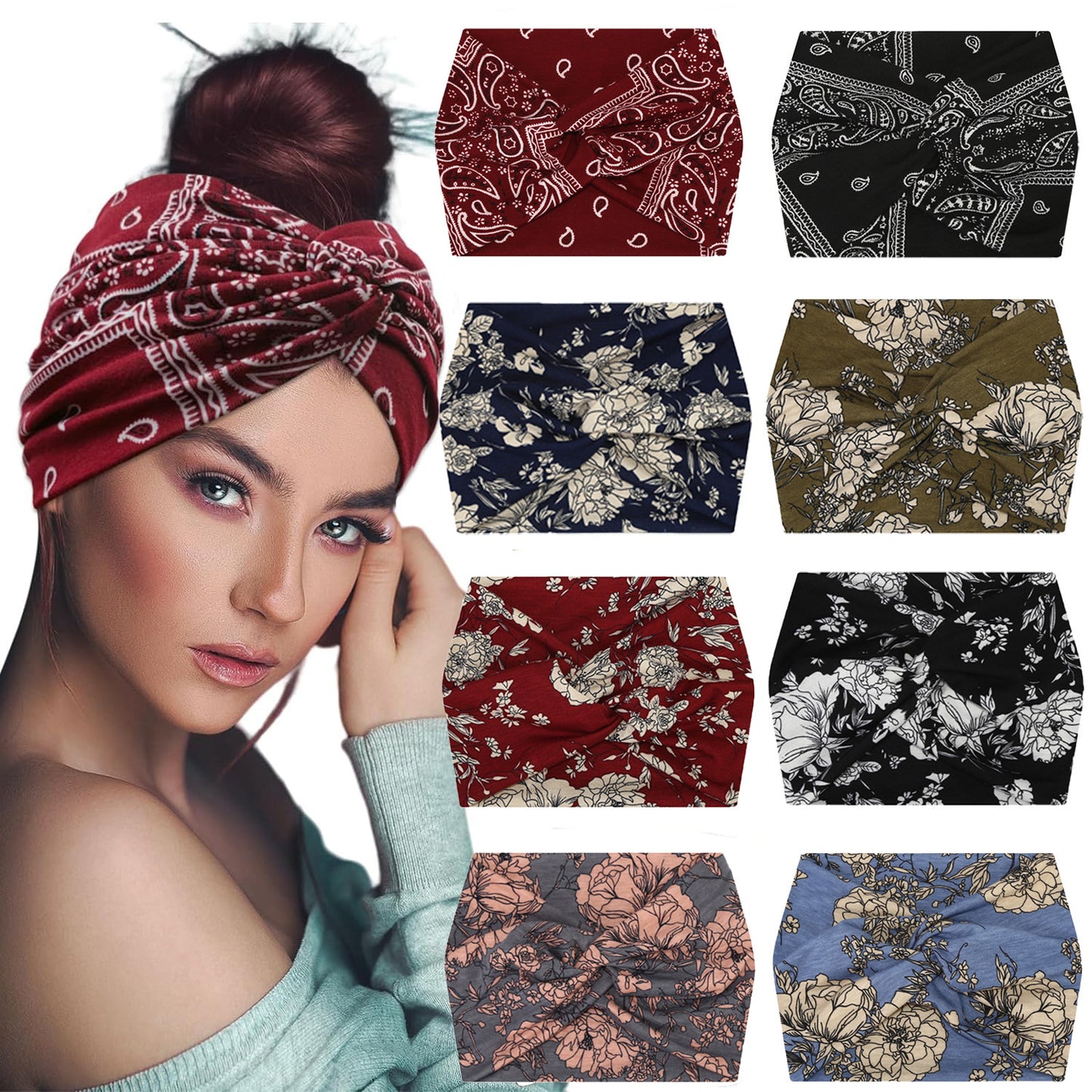 5-PCS Yellow leopard print Women's Extra Wide Turban Headband - Elastic Yoga & Sports Hair Wrap