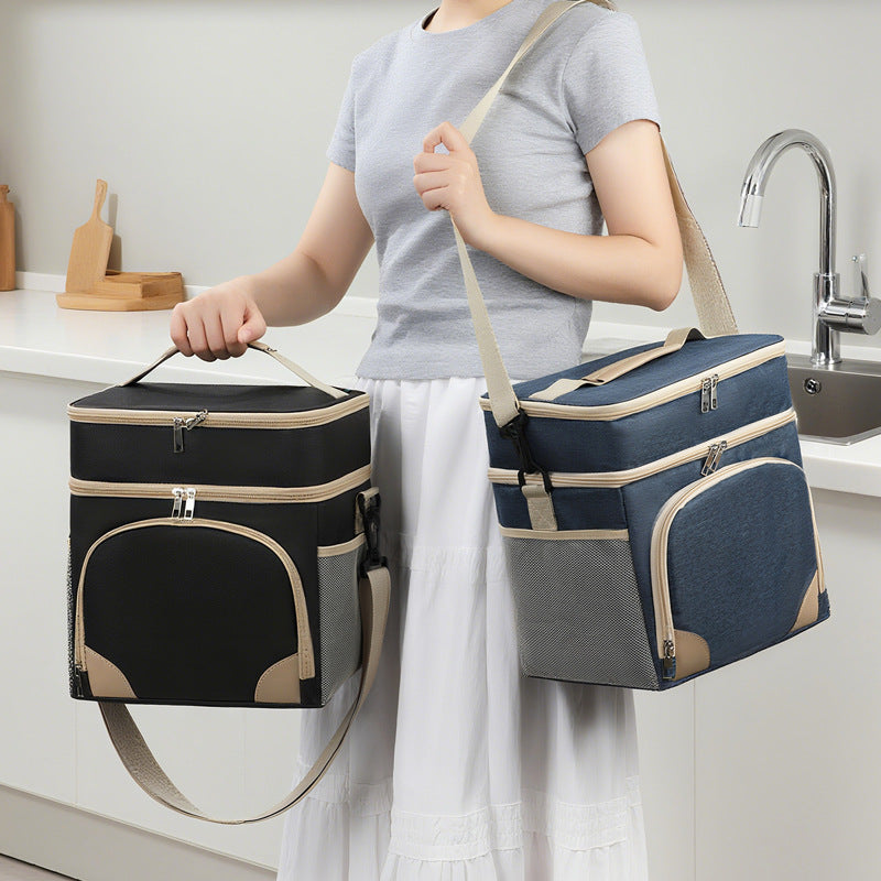 Black Dual Layer Insulated Lunch Bag 12L Large Capacity Cooler Tote with Adjustable Strap Leakproof Thermal Food Carrier for Work Picnic and Camping