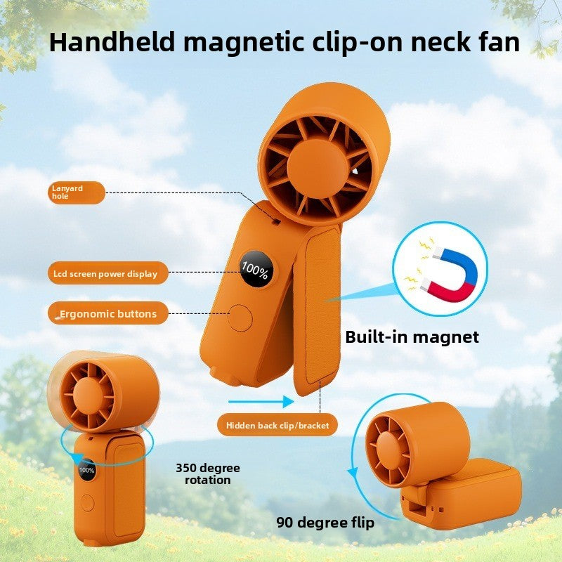 Black Portable Handheld Fan 350 Degree Rotation Foldable Neck Hanging Waist Fan with Magnetic Base LED Display 5 Speed Personal Fan