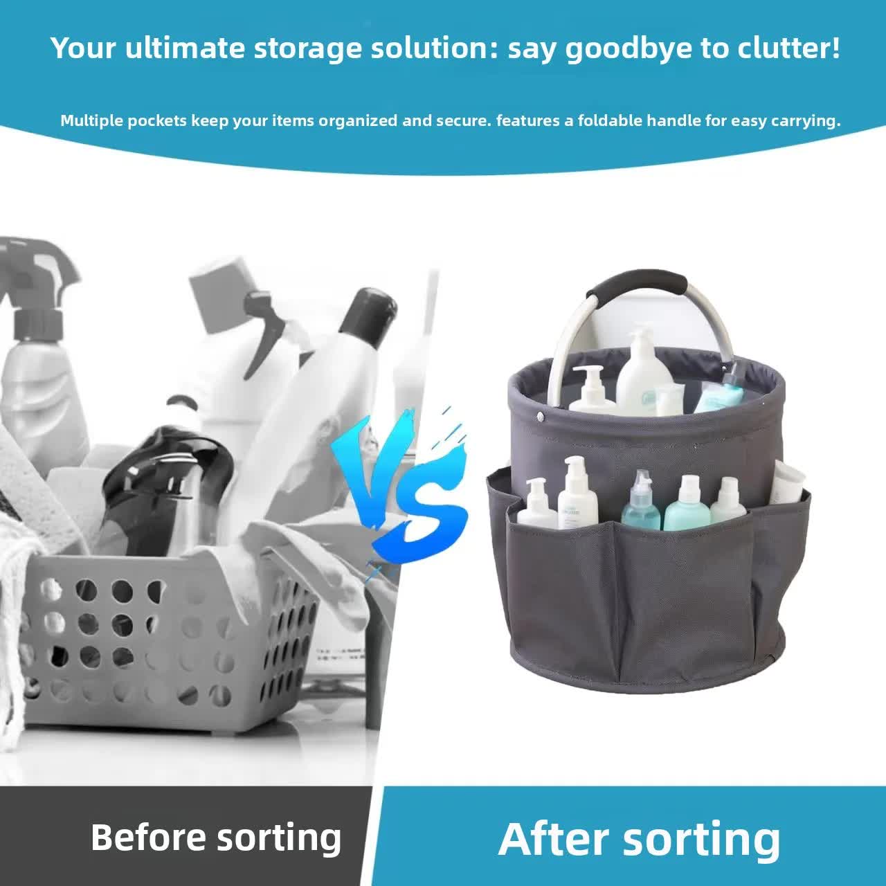 Grey Multi-Function Collapsible Storage Basket with Drawstring Closure Portable Cleaning Caddy and Picnic Organiser Bag with Multiple Pockets