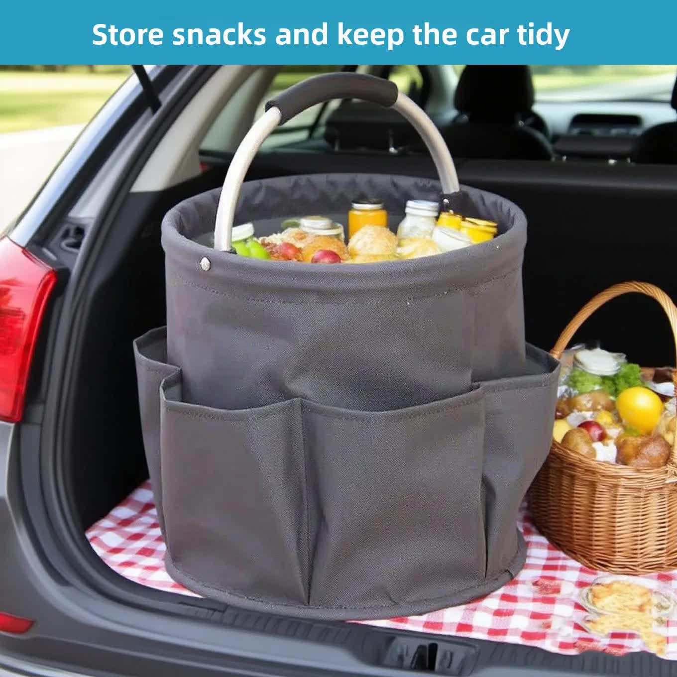 Grey Multi-Function Collapsible Storage Basket with Drawstring Closure Portable Cleaning Caddy and Picnic Organiser Bag with Multiple Pockets