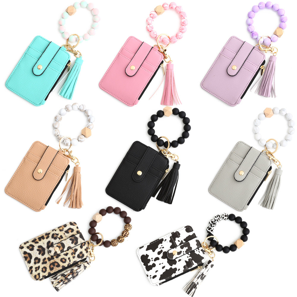 2-PCS Grey Silicone Bead Keychain Bracelet Wallet PU Leather ID Card Holder with Tassel Wristlet Bangle for Women
