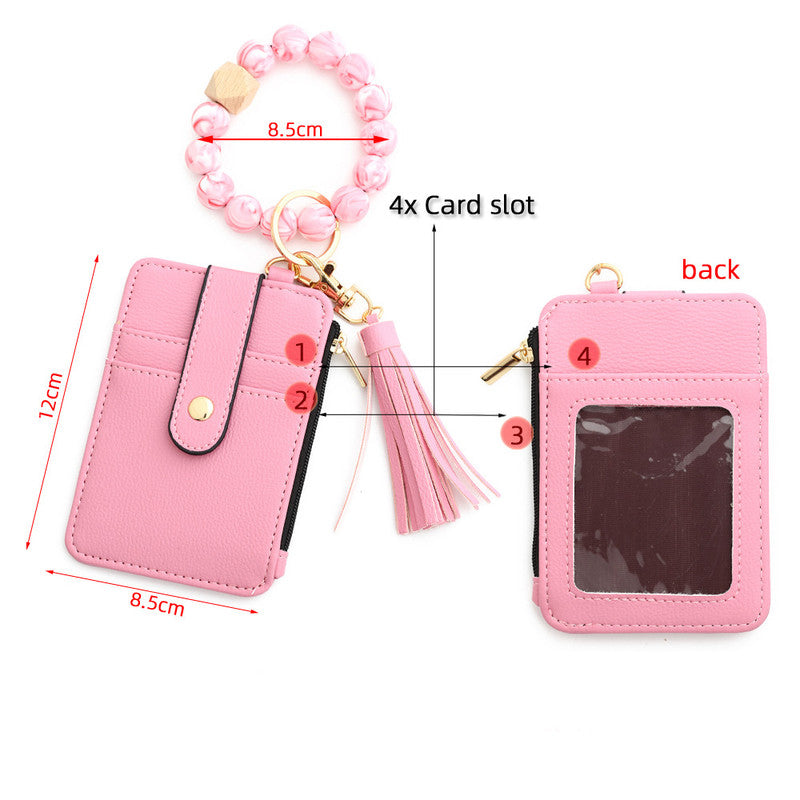 2-PCS Grey Silicone Bead Keychain Bracelet Wallet PU Leather ID Card Holder with Tassel Wristlet Bangle for Women