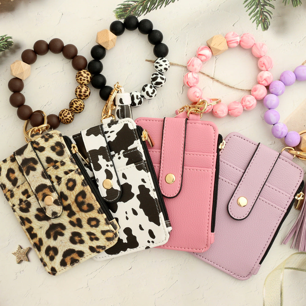 2-PCS Big Cow Silicone Bead Keychain Bracelet Wallet PU Leather ID Card Holder with Tassel Wristlet Bangle for Women