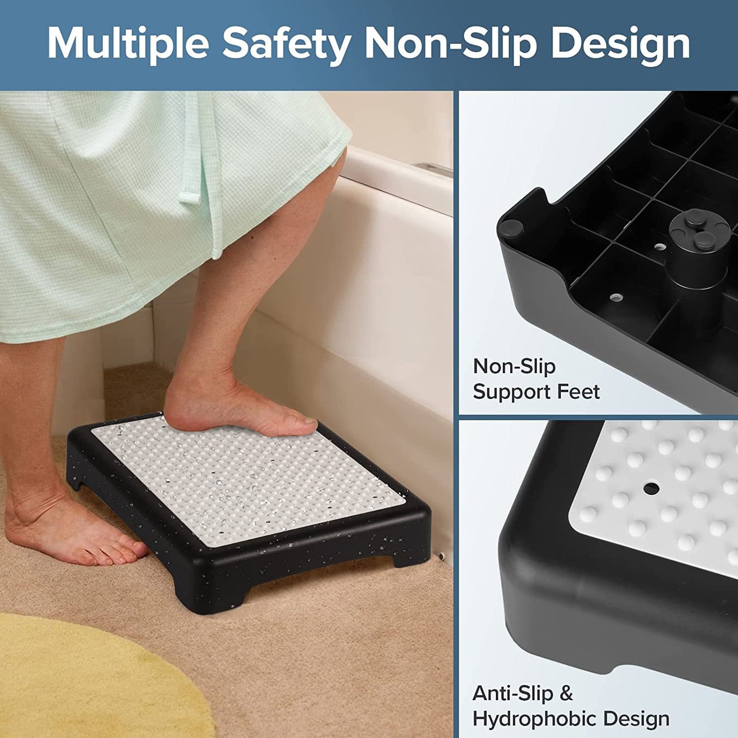 Portable Outdoor Half Step Stool Non-Slip Mobility Aid Large Platform 43x33cm for Elderly Home Car & Bath Use Black Base with White Top Mat