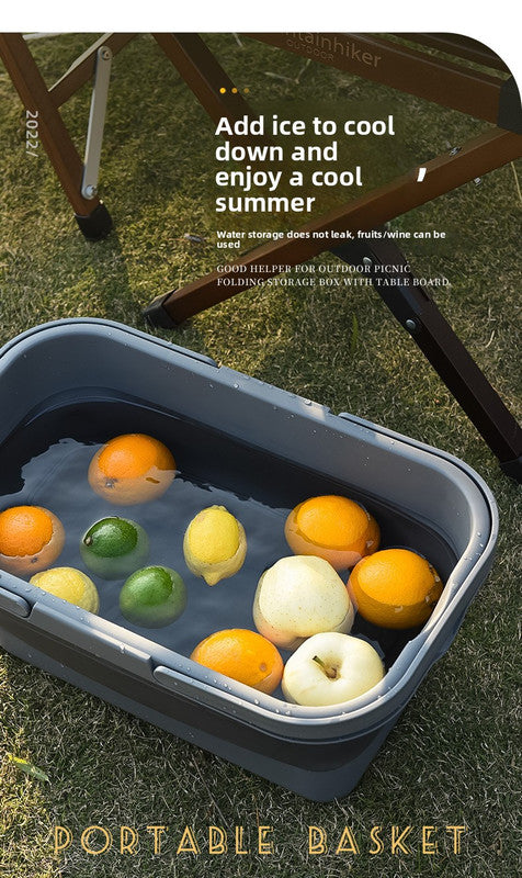 Collapsible Picnic Basket with Mini Table Lid Portable Folding Storage Crate with Cup Holders and Phone Stand Multi-Functional Outdoor Camping Sink Basin Khaki