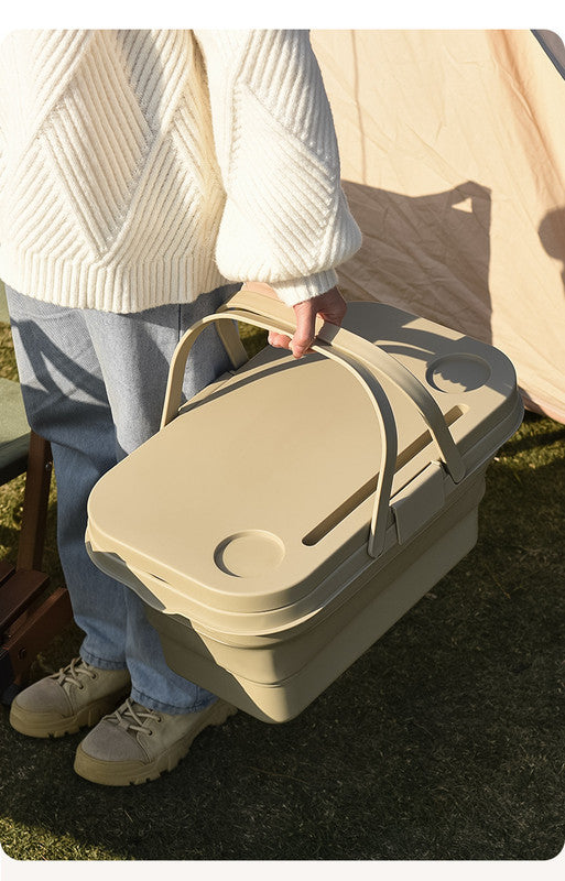 Collapsible Picnic Basket with Mini Table Lid Portable Folding Storage Crate with Cup Holders and Phone Stand Multi-Functional Outdoor Camping Sink Basin Grey