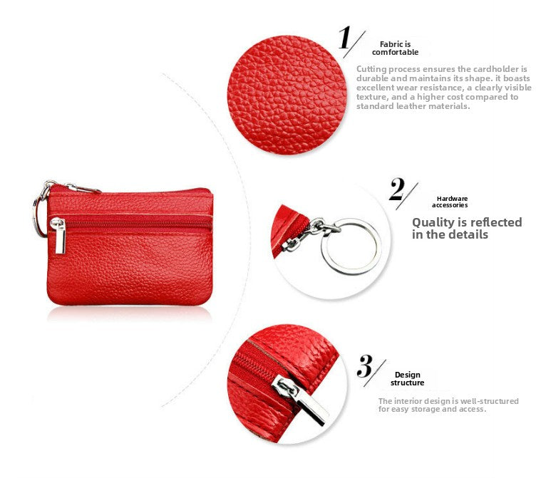 Small Coin Purse Key Ring Wallet Mini Change Pouch Dual Zipper Pocket PU Leather Portable Storage Bag Red