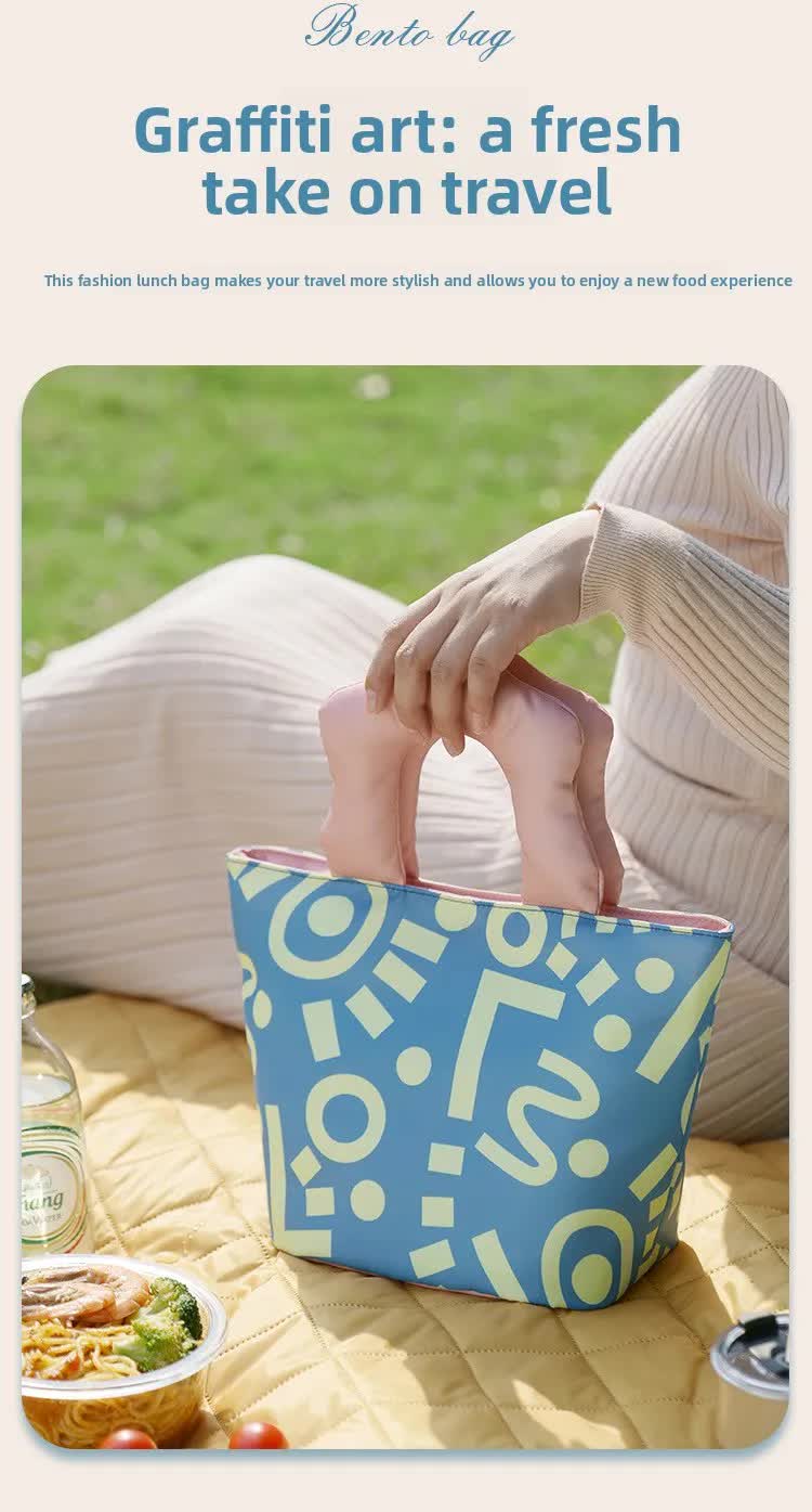 Insulated Lunch Bag Tote Fashion Graffiti Print with Soft Padded Handle Waterproof Thermal Cooler Bento Case for Work School and Picnics Blue with Pink Handle
