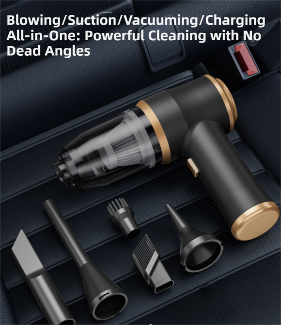 4-in1 Blue Wireless Compact Handheld Car Vacuum Cleaner & Air Duster  with 5 Nozzles/Brushes- 15000 Pa Ultra-Powerful Blower/Suction Tool for Auto, Home & Office