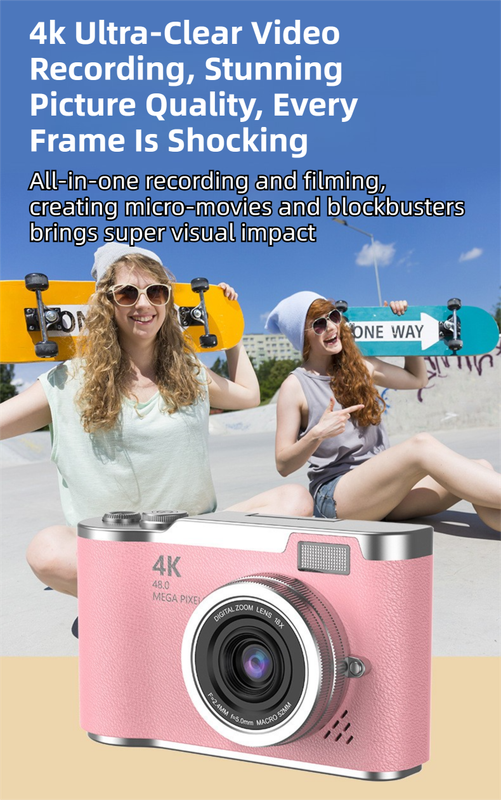 Purple 4K Compact Digital CCD Camera for Vlogging & Students - Portable Point and Shoot with 2.4-inch Rotating Screen, 8X Optical Zoom, and Anti-Shake