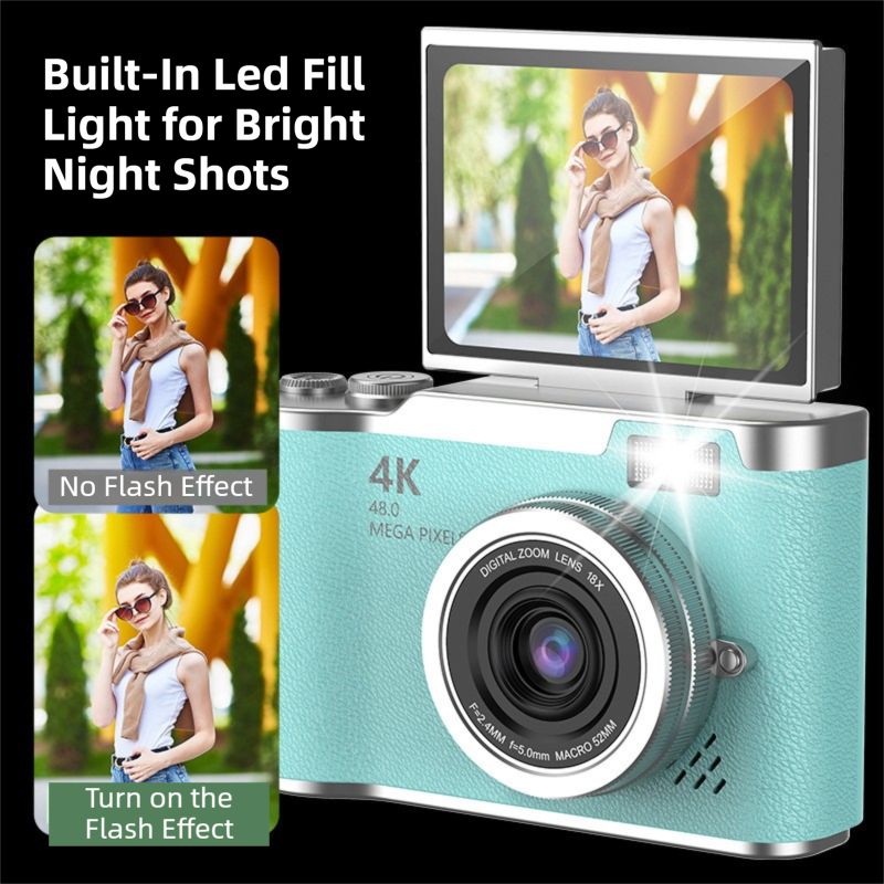 Brown 4K Compact Digital CCD Camera for Vlogging & Students - Portable Point and Shoot with 2.4-inch Rotating Screen, 8X Optical Zoom, and Anti-Shake