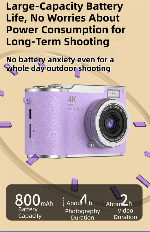 Brown 4K Compact Digital CCD Camera for Vlogging & Students - Portable Point and Shoot with 2.4-inch Rotating Screen, 8X Optical Zoom, and Anti-Shake
