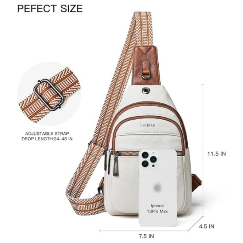 Black Women's 3-Layer Zipped PU Chest Bag with Reversable Strap - Roomy But Not Nulky Single Shoulder Crossbody Bag