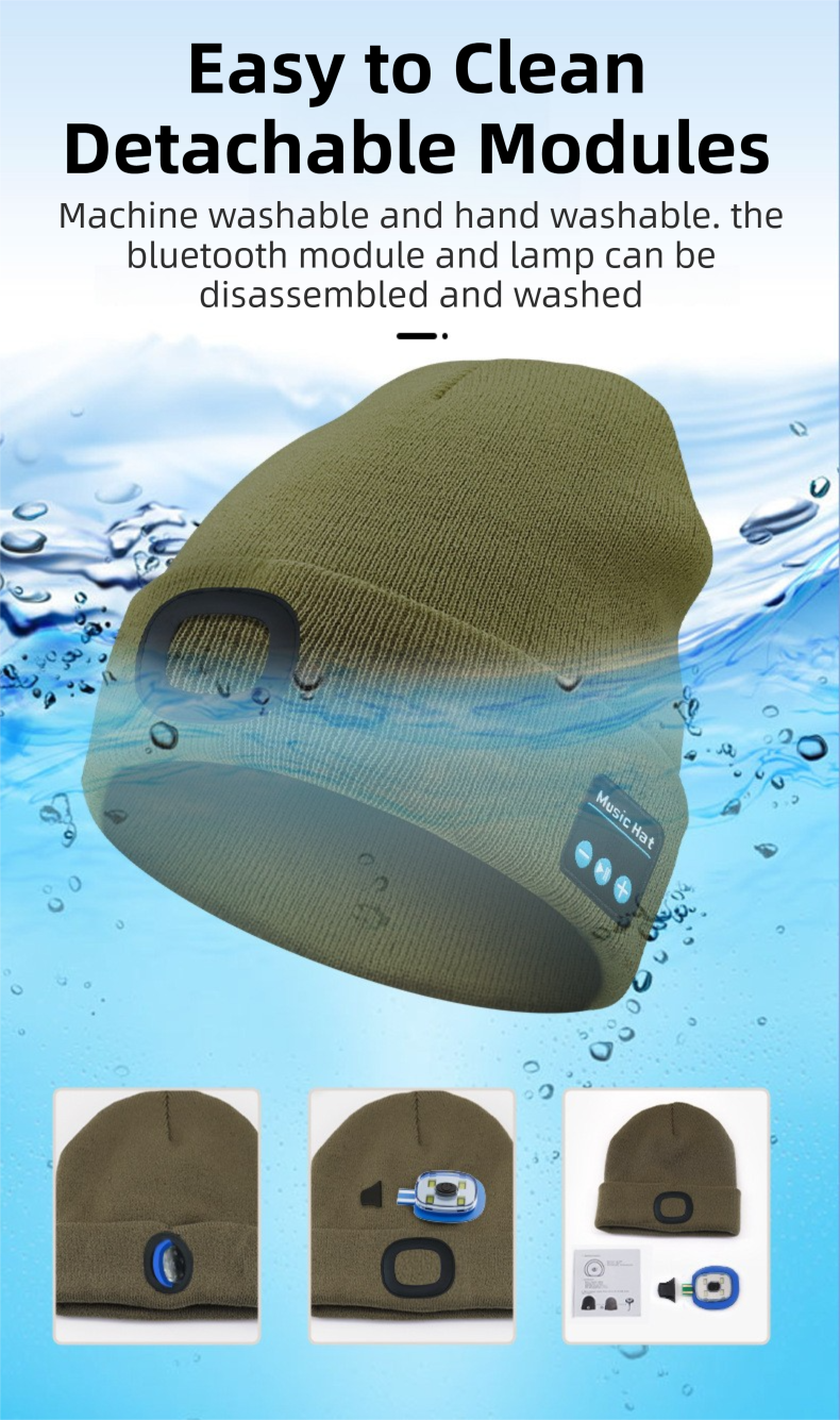 Dark Grey Removable LED Bluetooth Headphone Beanie - Washable Knit Hat with 3-Level LED Illumination & Stereo Sound, USB Rechargeable