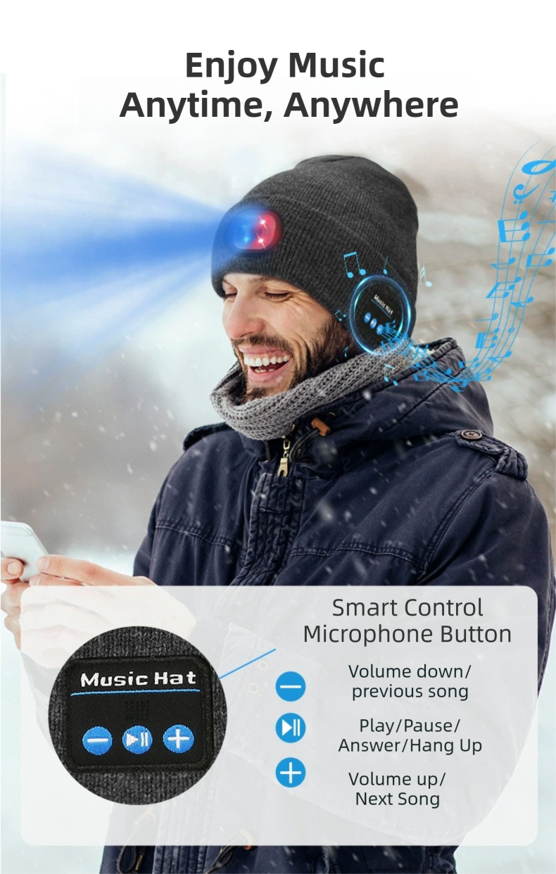 Orange Removable LED Bluetooth Headphone Beanie - Washable Knit Hat with 3-Level LED Illumination & Stereo Sound, USB Rechargeable