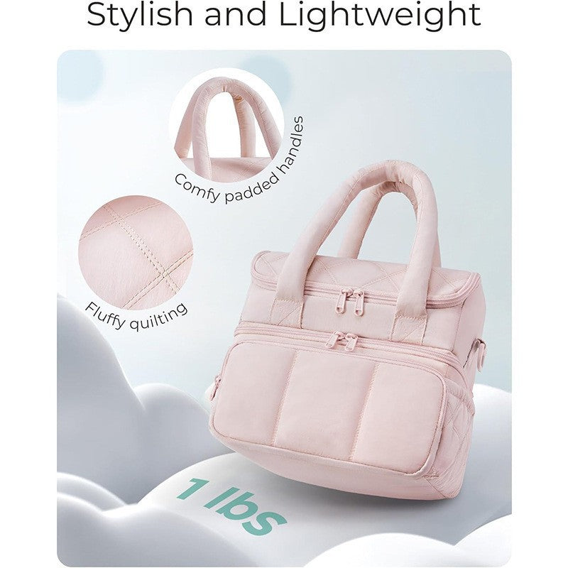 Beige Double-Layer Insulated Quilted Puffer Lunch Bag(10 x 7 x 10 inch) - Large Capacity Picnic Cooler Tote, Long-Lasting Hot/Cold Retention