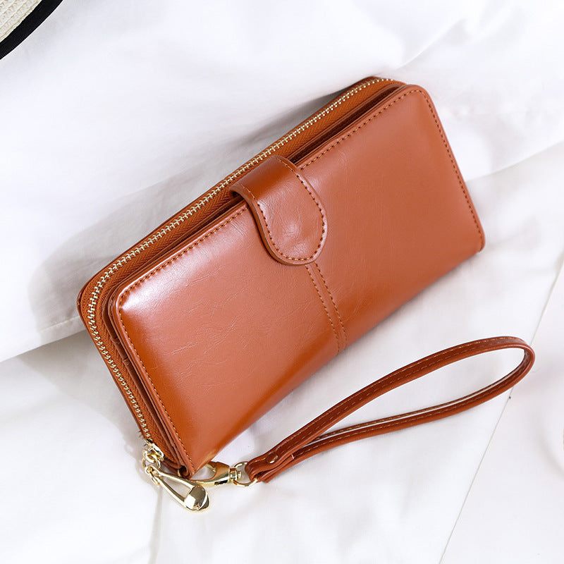 Brown Women's Long Buckle Closure Wallet - PU Lether Large Capacity Multi-Slot Card Holder & Purse Combo wIth Wristband