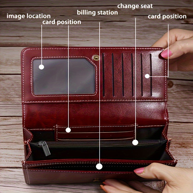 Red Women's Vintage Oil Wax Leather Long Wallet - Elegant Large Capacity Purse with Secure Zipper