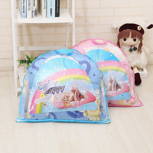 Blue Portable 3-in-1 Mosquito Net Set with Soft Sleep Pad & Pillow - Foldable Pop-Up Travel Bassinet for Infants, Breathable Shield for Indoor & Outdoor Use