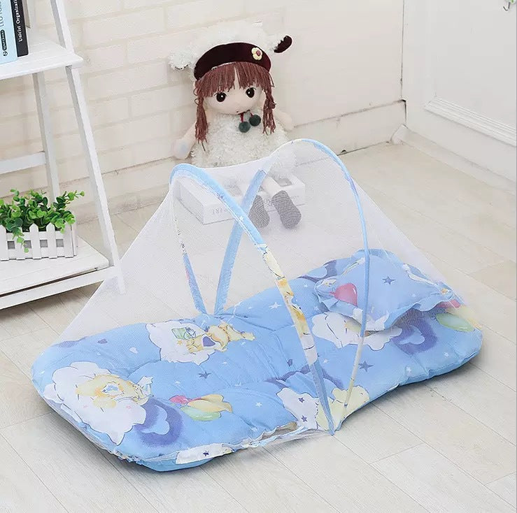 Blue Portable 3-in-1 Mosquito Net Set with Soft Sleep Pad & Pillow - Foldable Pop-Up Travel Bassinet for Infants, Breathable Shield for Indoor & Outdoor Use