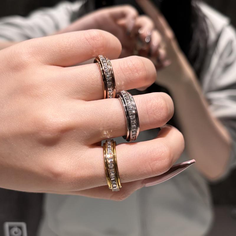 3-Piece Anxiety Spinner Meditation Bands Set - Full Zircon Inlaid Stainless Steel Rings for Stress Relief - US Size 7