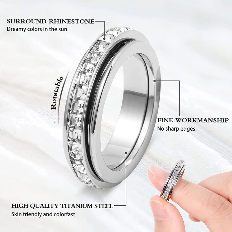 3-Piece Anxiety Spinner Meditation Bands Set - Full Zircon Inlaid Stainless Steel Rings for Stress Relief - US Size 9