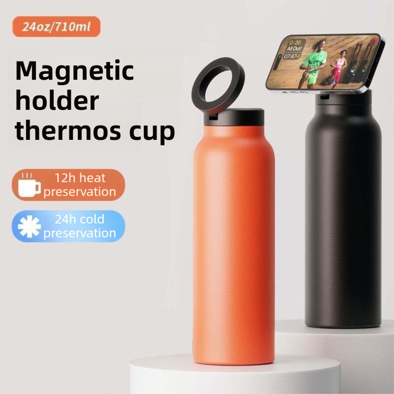 White 24oz Stainless Steel Insulated Water Bottle With 90° Adjustable Vertical/Horizontal Magnetic Phone Holder - Ringo Style Magnetic Lid Sport Flask