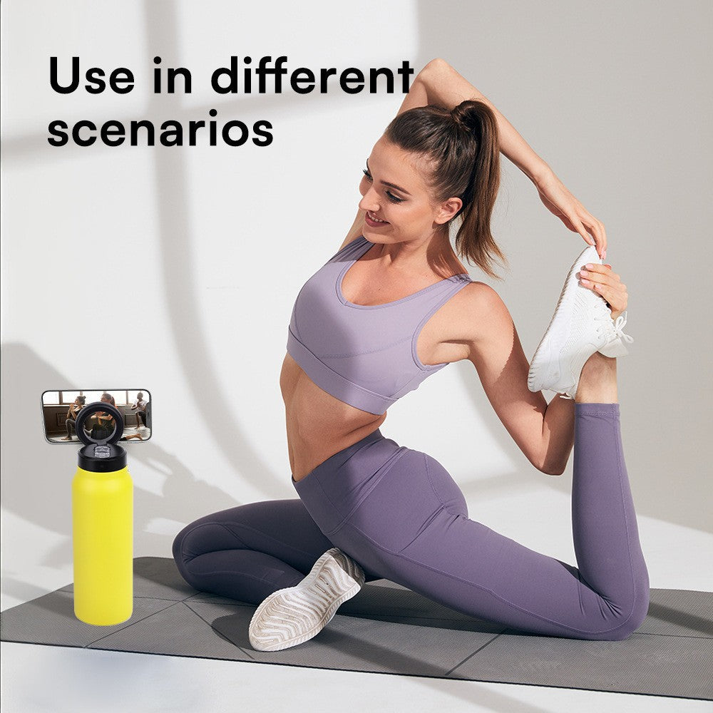 White 24oz Stainless Steel Insulated Water Bottle With 90° Adjustable Vertical/Horizontal Magnetic Phone Holder - Ringo Style Magnetic Lid Sport Flask